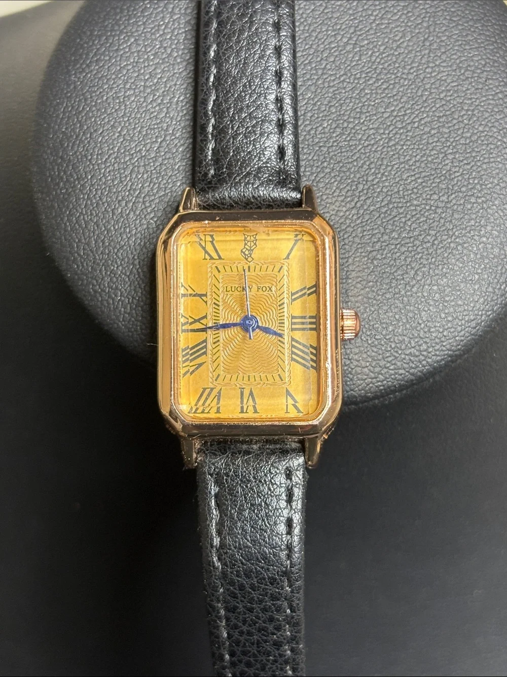 Lucky Fox Black Leather Band WORKING Rectangle Watch